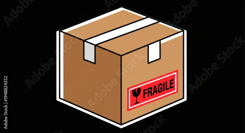 Brown cardboard box with fragile sticker and white tape.