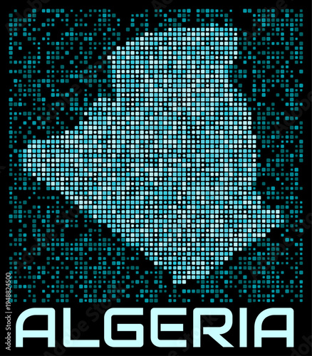 Algeria digital dotted map. Shape of the country in cyan color palette on dark background. Futuristic Algeria map design. Vector illustration.
