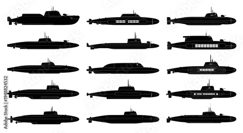 World Submarine Fleet Size Comparison Vector Silhouette Sheet