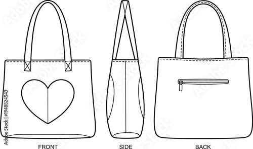 Tote handbag template with front side and back views for fashion accessory design mockup cad drawing flat vector illustration