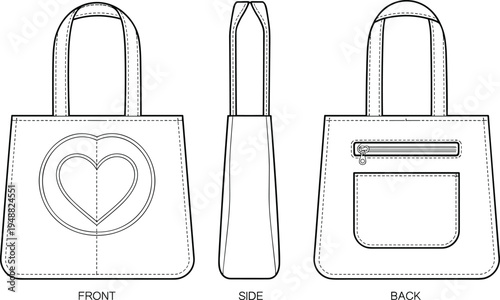 Tote handbag template with heart design front side and back views fashion accessory mockup cad drawing flat vector illustration