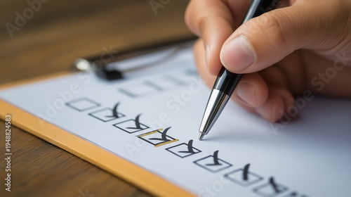 Hand checking items on a clipboard with a black pen, symbolizing a thorough inspection, inventory management, or completing a rigorous business evaluation process.