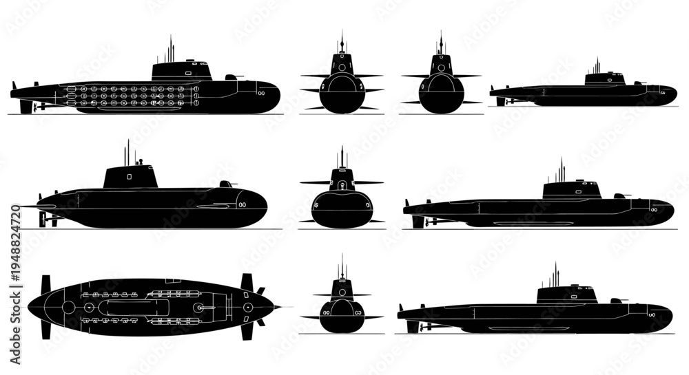Obraz premium Modern Naval Submarine Fleet Multi-Angle Vector Silhouette 2026