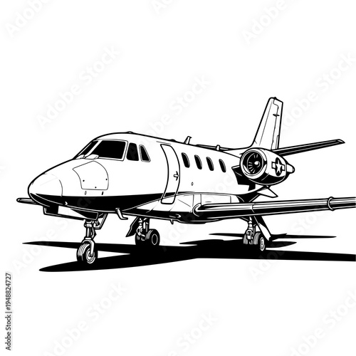 Elegant black and white illustration of a small business jet on the ground, ideal for luxury travel and aviation themed designs.