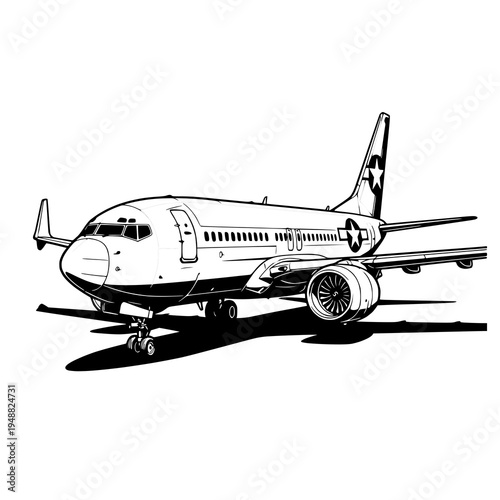 Clean black and white illustration of a commercial airliner on the ground, ideal for travel, aviation, and transport themed designs.