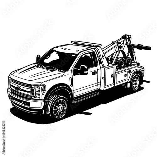 Bold black and white illustration of a tow truck with crane arm, perfect for automotive service and transport themed designs.