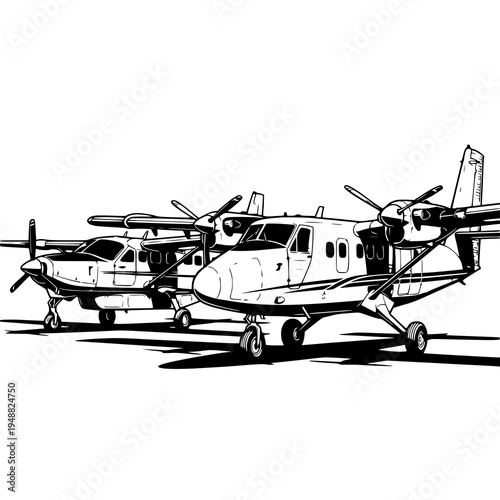 Detailed black and white illustration of a twin-engine propeller aircraft on the ground, ideal for aviation and travel themed designs.