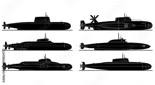 Modern Submarine Fleet Size Comparison Vector Silhouette Set