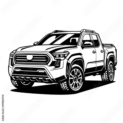 Bold black and white illustration of a pickup truck from front angle, ideal for automotive, adventure, and utility themed designs.