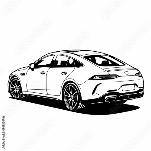 Sleek black and white illustration of a luxury sports sedan from rear angle, ideal for automotive and lifestyle themed designs.