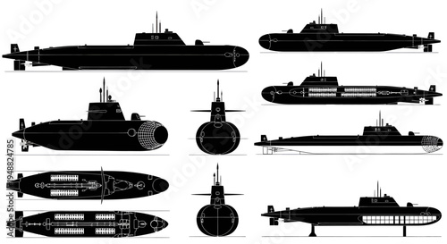 Strategic SSBN Submarine Fleet Multi-Angle Vector Silhouette