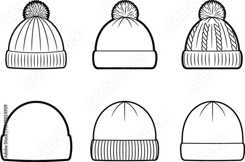 Winter beanie hat template collection with multiple knitted styles for fashion accessory design mockup set, cad drawing flat vector illustration