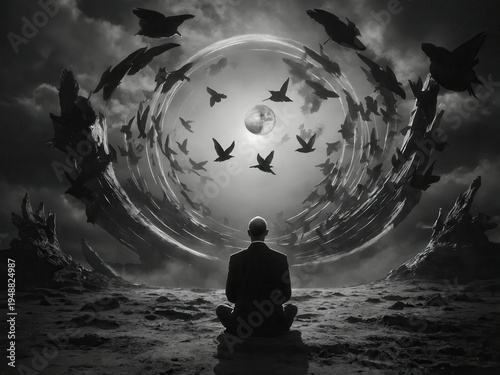 Man in surreal landscape