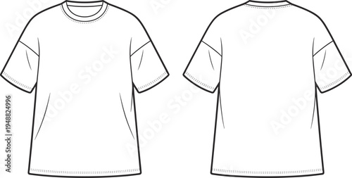 Women basic t-shirt technical fashion drawing, short sleeve tee template front and back – cad drawing flat vector illustration