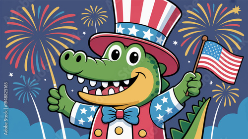 Patriotic alligator in star spangled outfit celebrates independence day with fireworks and american flag