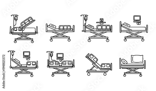 Minimal linear hospital bed vector icons for websites, print, and editorial use
