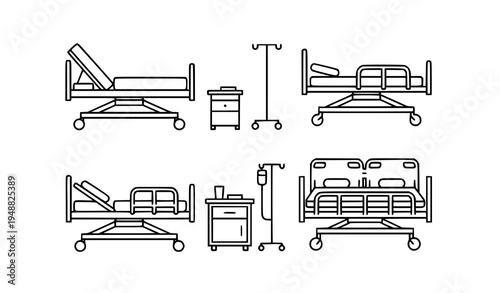Editable linear hospital bed icons set for medical and healthcare illustrations