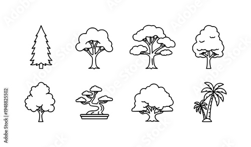 Linear tree icon bundle for web, editorial, and book illustrations