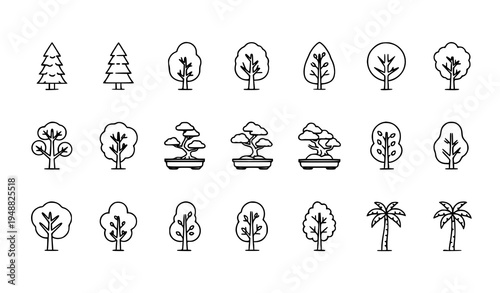 Minimal tree line icons set for editorial, web, and print design