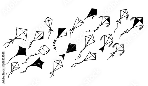 Different kite silhouettes vector set for children’s outdoor play and freedom concept