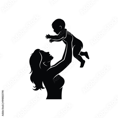 A silhouette of a mother lifting her baby playfully into the air showcasing maternal love
