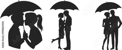Romantic couple silhouettes under umbrellas in love poses, kissing, hugging, playful gestures, vector illustration of intimacy, romance, affection, rainy day concept artwork