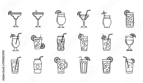Editable thin line summer drink icons for restaurants, cafes, and holiday designs