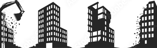 Silhouette illustration of urban buildings in demolition and destruction stages with excavator,