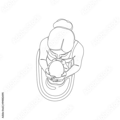 A minimalistic line drawing depicts a mother tenderly cradling and holding her newborn baby high quality