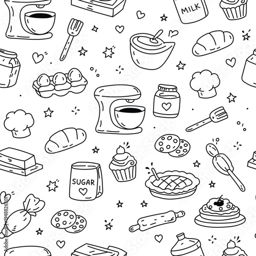 Hand Drawn Seamless Baking Pattern with Kitchen Tools, Bread, Cupcake and Coffee