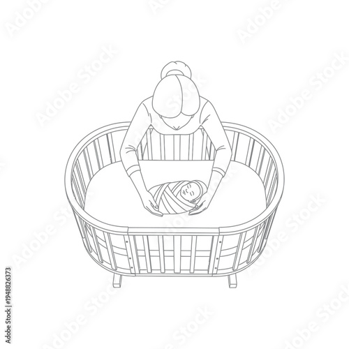 A mother gently tending to her swaddled baby in a round wooden crib high quality professional