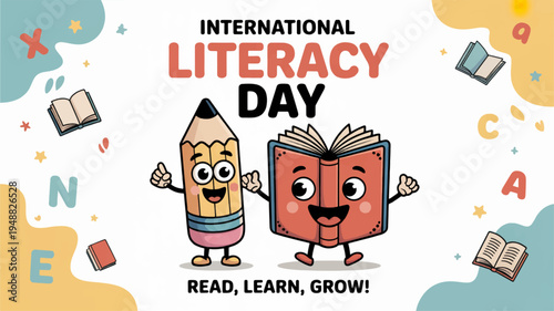 International literacy day cartoon characters reading learning growth