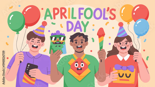 Friends celebrating april fool's day with colorful balloons and prank gifts