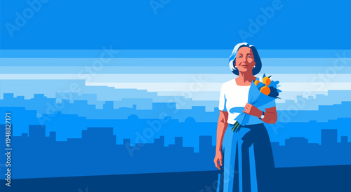 A vector illustration of a happy elderly woman holding a bouquet of flowers with a cityscape in the background