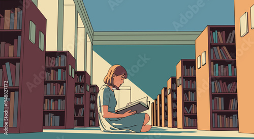 A tranquil vector illustration of a young girl immersed in reading a book while sitting on the floor amidst the quiet aisles of a library, bathed in soft, natural light