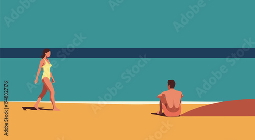 A Minimalist Vector Illustration Captures a Serene Beach Scene with Two People Enjoying the Summer Sun