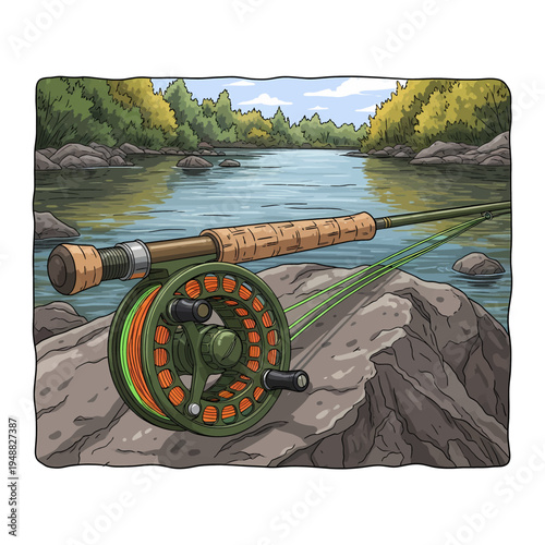 Fly fishing rod and reel on a rocky river bank with forest background in hand drawn vintage style