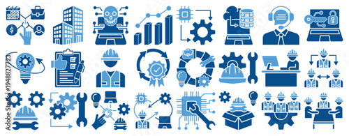 Engineering and Technology Icon Set. Icons Including AI, cloud computing, data engineering, system integration, security, customer support, quality, workflow, maintenance, teamwork