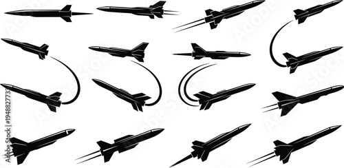 "Collection of black silhouette missiles and rockets in various flight paths showing curved trajectories, straight motion lines, speed dynamics, and diverse aerodynamic designs for