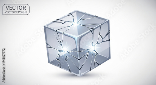 Cracked transparent cube with light effects.