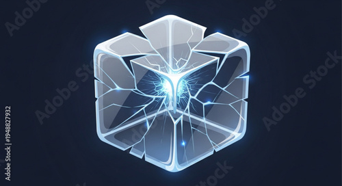 Abstract geometric crystal cube with glowing light inside.