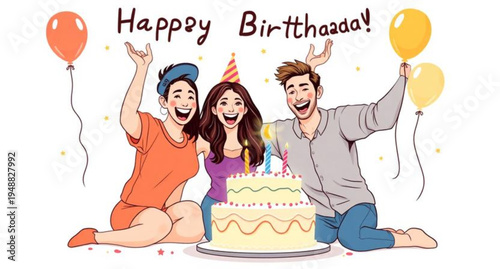 A happy family and group of smiling children celebrate a birthday party with love and fun in this colorful vector illustration featuring a mother, father, and friends