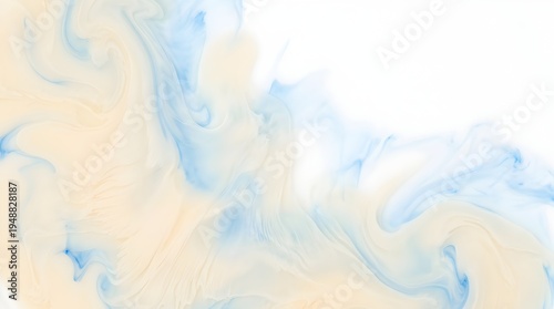 Abstract fluid motion of swirling pastel colors, soft beige and light blue ink blending smoothly