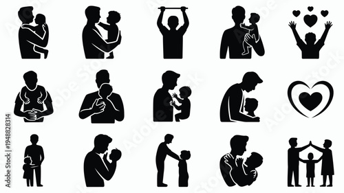 Father's day lifestyle silhouette logo collection black icons of fathers and children family love and affection symbols