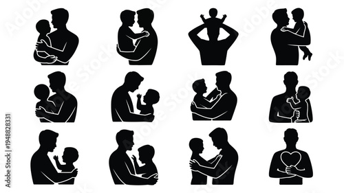 Black silhouette icons of fathers and children family love and bonding heartwarming moments fatherhood parenting relationships love care affection family ties silhouette icons