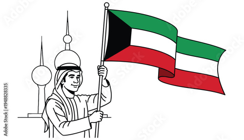 Illustration of an Arab man holding Kuwait flag line art. Kuwait National Day.
