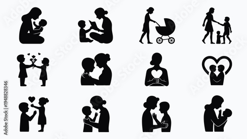 Modern motherhood silhouette bundle black icons of family love and parenting concepts