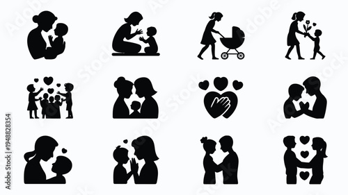 Modern motherhood silhouette bundle black icons of family love and parenting concepts
