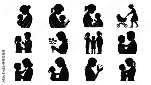 Minimalist black silhouettes of mothers and children family love and care icons parenting symbols