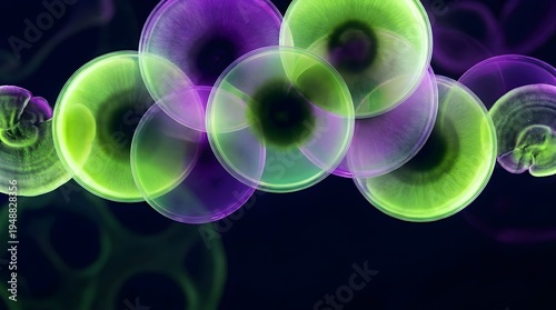 Abstract glowing translucent green and purple circles overlapping on dark background, science concept, cellular structure, biological